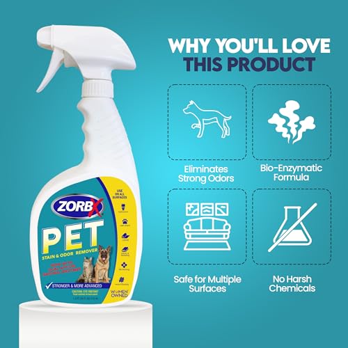 Image of ZORBX Dual Action Enzyme Pet Stain & Odor Remover Spray 24 Oz | Neutralizes Dog & Cat Urine, Stains & Odors on Carpet, Mattress, Upholstery & Couch, No Perfume, Enzyme Formula, Scrub-Free