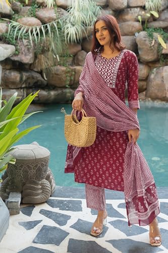 Image of MIRCHI FASHION Pure Cotton Women Straight Batik Print & Mirror Work Kurti Set with Dupatta and Pant