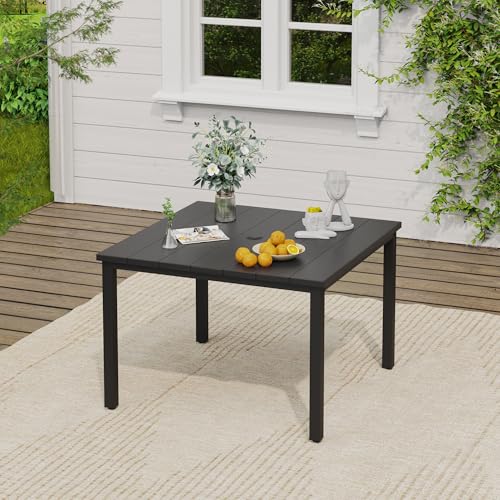 Image of VICLLAX Square Patio Dining Table for 4, Outdoor Patio Table with Umbrella Hole for Garden Lawn Deck Backyard, Black Tabletop