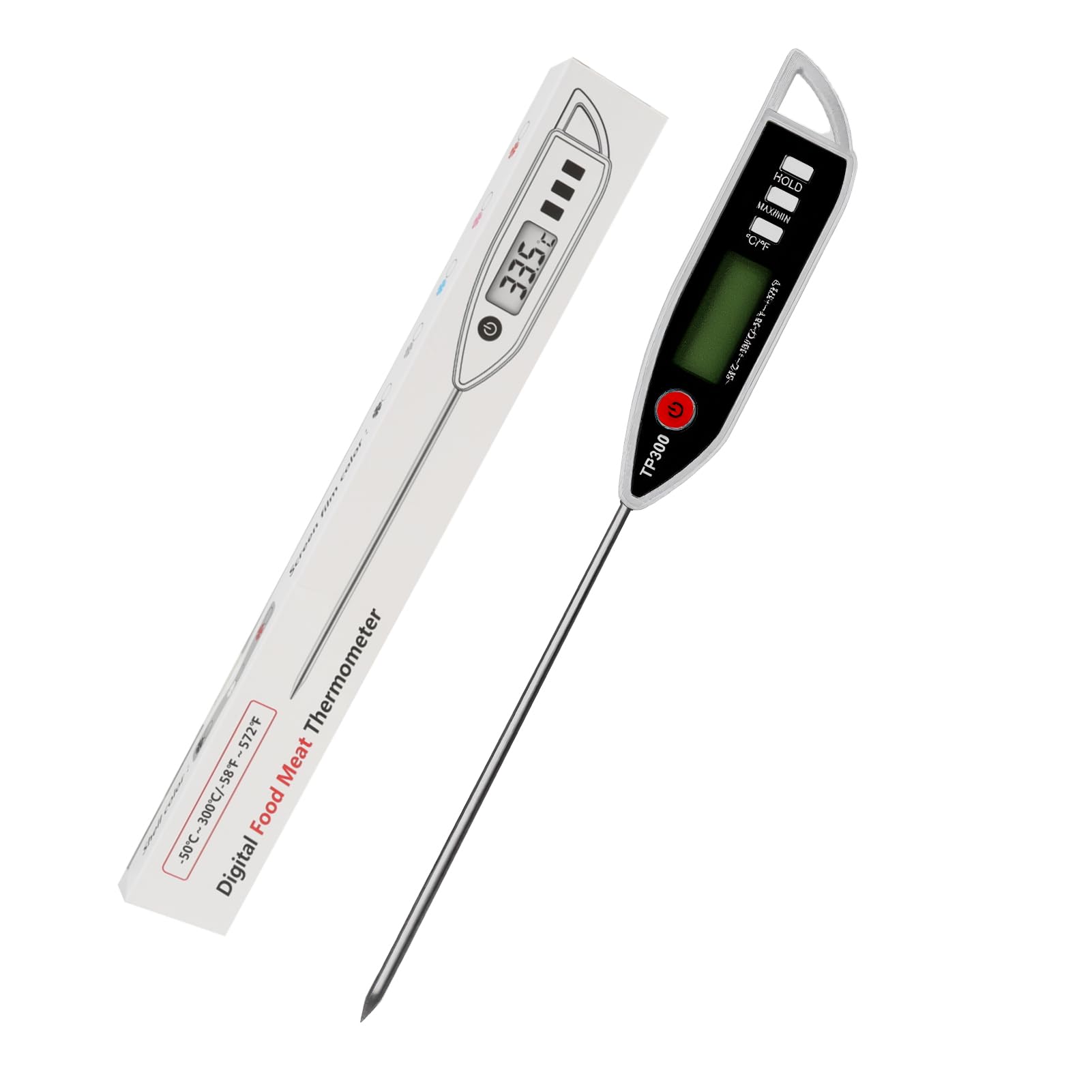 Küchenthermometer, wasserdicht, IPX7, sofortiges Ablesen, mit langer Sonde aus Edelstahl, Digitales Thermometer für Lebensmittel, Fleisch, Flüssigkeit, BBQ, Kerze, Milch, Backen, Umwandlung °C °F
