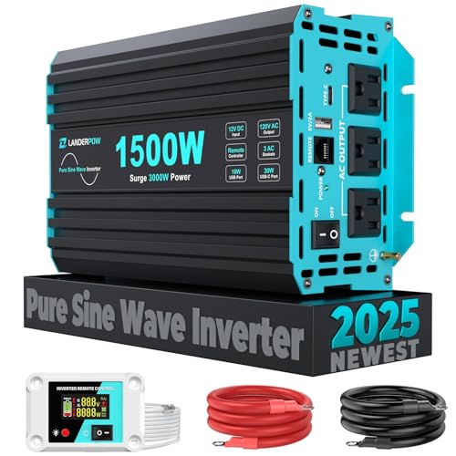 Image of LANDERPOW 1500 Watt Pure Sine Wave Inverter, 12V DC to 120V AC Inverters for Car, RV, Truck, Home, Camping, Solar Power Inverter with 3 AC Outlet, 30W USB-C, 5V 3.1A USB, Remote Control, Surge 3000W