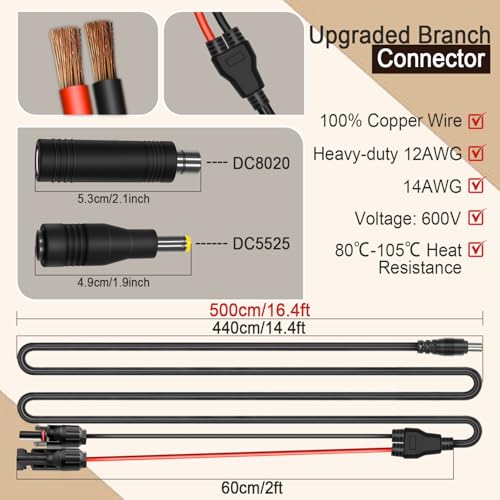 COMeap 16.4FT/5M Solar Panel Adapter for Jackery, Compatible with MC-4 to DC 8mm Extension Cable with DC7909 to DC8020/DC5525 Connector for GZ Yeti Jackery Bluetti Solar Power Station 12AWG