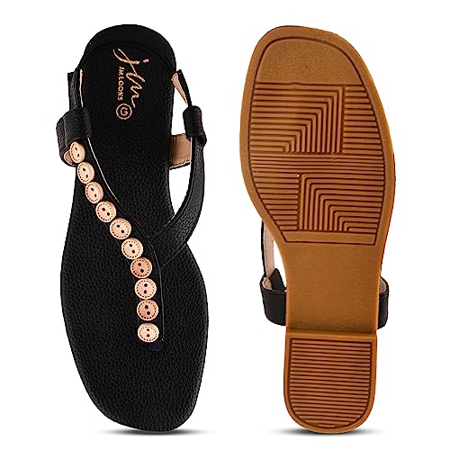 Image of JM LOOKS Fashion Black Stylish Flat sandal Casual Flat Fancy Solid Comfortable Sole For Womens & Girls