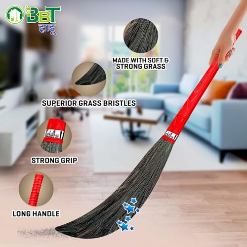 Image of BBT Phool Jhadu | Natural Grass Broom Stick for Home Cleaning | Eco-Friendly Long Handle Jhadu | Anti Dust, Lightweight & Durable Pack of- (1, XXXL)