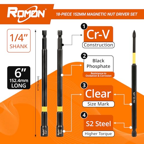 Romon RM-L18 Magnetic Long Nut Driver Set By Romon, 18 Pcs Shank Nut Driver For Impact Drill Driver, Sae And Metric Screwdriver Bits thumb #2