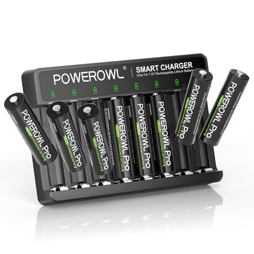 POWEROWL Rechargeable Lithium AA Batteries with Charger, 1.5V Output 3600mWh Double A Battery 8 Pack for Blink Outdoor Camera, Game Controller
