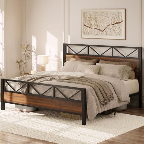 Image of LIKIMIO King Bed Frame, Tall Industrial Headboard 51.2 inch, Platform Bed Frame with Strong Metal Support, Solid and Stable, Noise Free, No Box Spring Needed, Easy Assembly, Walnut