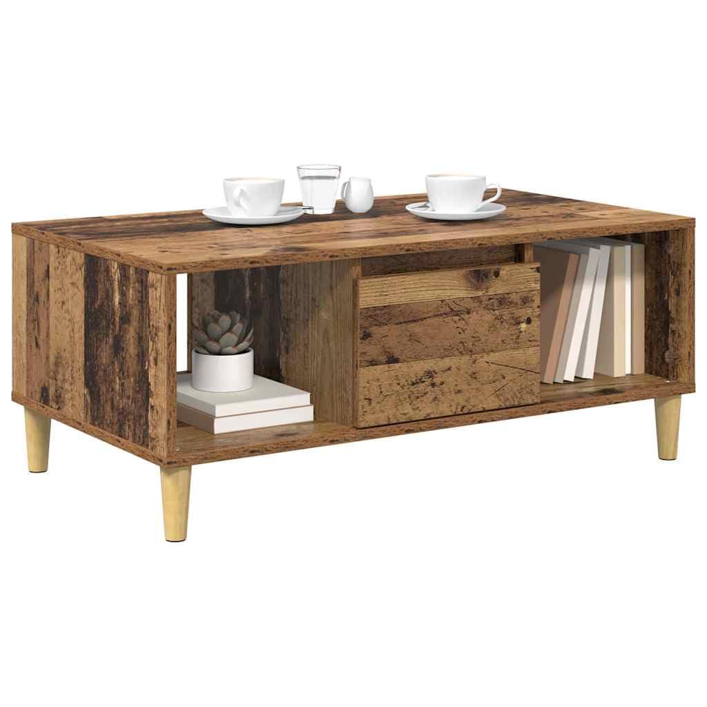 Tavolino da salotto legno vecchio 90 x 50 x 26,5 cm con cassetto e ripiani, mobiletto contenitore salvaspazio per soggiorno, camera, ufficio, design moderno vintage industriale