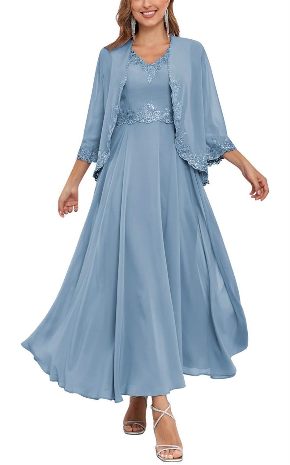 Kurface Women's Dusty Blue Lace Applique Chiffon Mother Of The Bride Dresses With Jacket V Neck A Line Formal Evening Dress Uk10