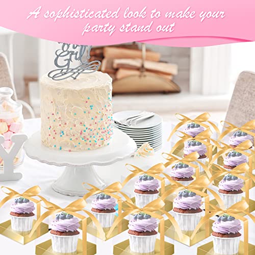 100 Pcs Clear Plastic Cupcake Boxes 3.5 Inch Single Cupcake Containers Transparent Ornament Gift Box Individual Clear Party Favor Boxes With Inserts And Ribbon For Wedding Baby Shower Party (Gold) #TOP5