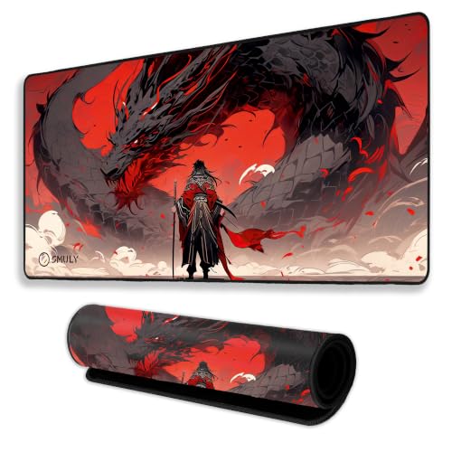 Image of Red Warrior Mouse Pad 18x36Inch 3mm Extended Gaming Desk Mat with Anti-Slip Rubber Base Mousepad for Smooth Surface Desk pad for PC & Laptop Use Waterproof & Stiched (Red /Black) Deskpad