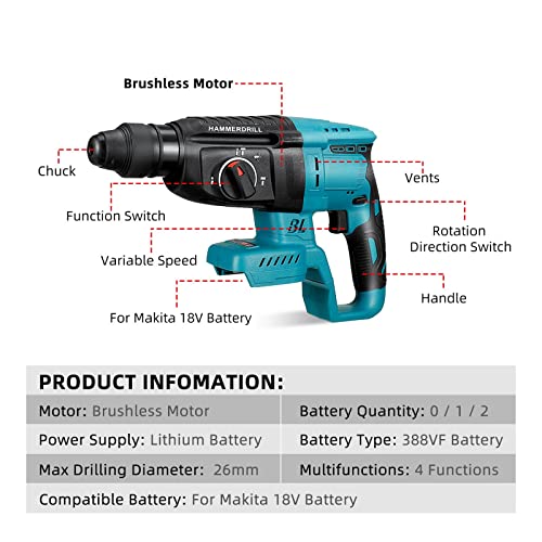 TEMSOOM Drillpro Brushless Akku-Bohrhammer 2 Akkus Wiederaufladbarer elektrischer Schlagbohrer Kompatibel mit Makita 18V… – Bild 5