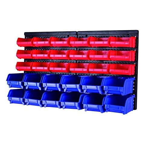 MaxWorks 80694 30-Bin Wall Mount Parts Rack/Storage for your Nuts, Bolts, Screws, Nails, Beads, Buttons, Other Small Parts,Blue and Red Cover