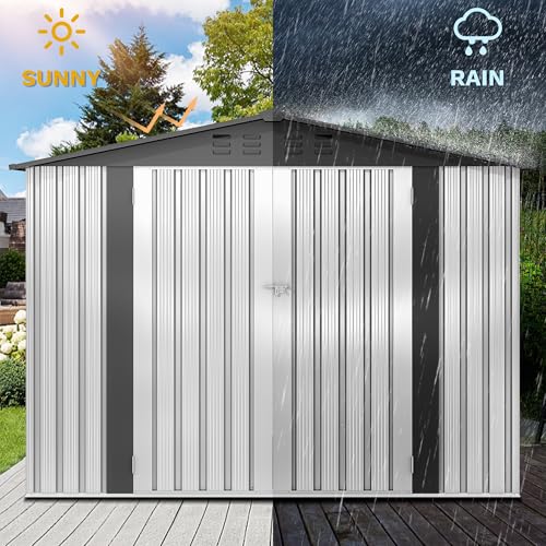 Image of DWVO 7x5FT Outdoor Storage Shelter, Roomy Steel Tool Shed with Secure Entrances & Air Circulation for Patio, Lawn, and Backyard, Ideal for Storing Garden Gear, Lawn Tools, and Bikes, White