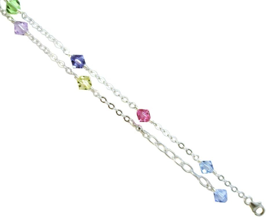 JOSCO Multi-Color Crystals with .925 Sterling Silver Anklet, Bracelet. 7,8,9,10,11,12,13 Inches
