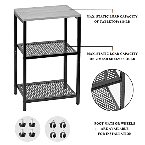 Yemuny Side Table, 3-Tier End Table With Wheel, Small Nightstand Storage Mesh Shelves Kitchen Cart For Living Room Bedroom Bathroom Kitchen, Stable Metal Frame, Oak Grey #TOP2