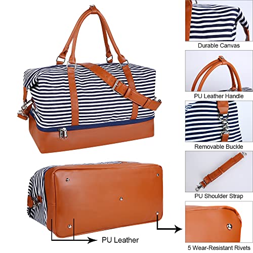 Bodaon Weekender Bag With Shoe Compartment Storage For Women/Men, 39L Sports Gym Tote Bags, Extra Large Duffel Bags For Traveling, Carry On Canvas Duffle Bags For Airplanes (Blue And White Stripe) #TOP4