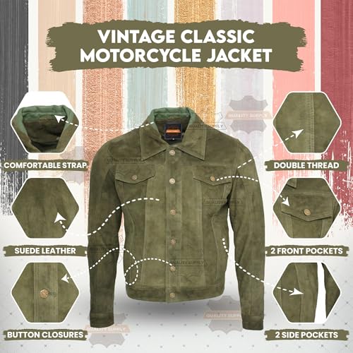 Image of Vintage Trucker Suede Leather Jacket Men - Classic Denim Biker Cafe Racer Causal Western Jacket