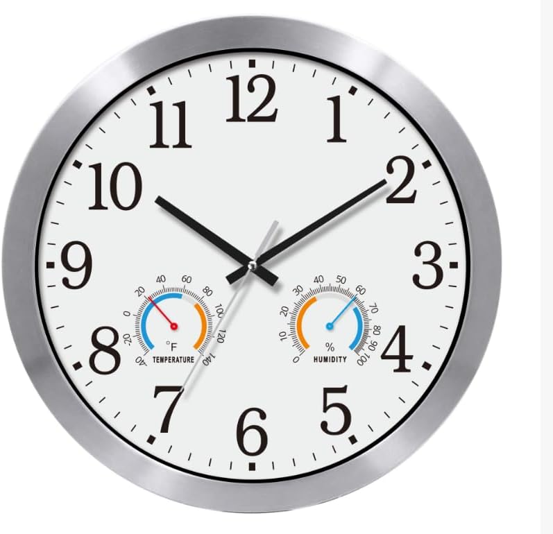 Caysie 16 Inch Sealed Indoor Outdoor Clocks Waterproof with Thermometer and Hygrometer Combo, Silent Battery Operated Quartz Wall Clock for Patio Pool Bathroom Outside Home (White)