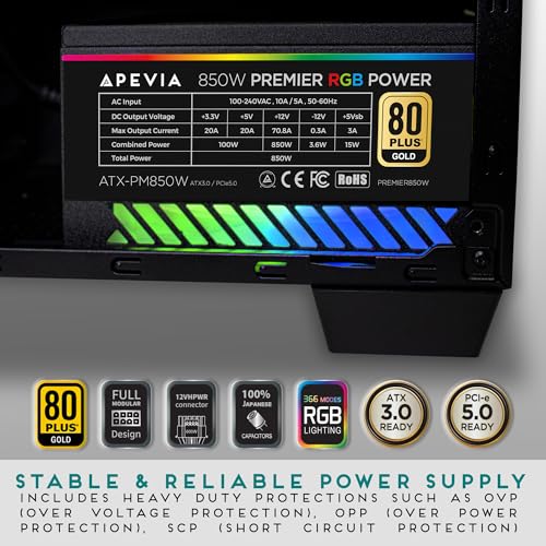Image of Apevia ATX-PM850W PCIe 5.0 ATX 3.0 Ready Premier 850W 80+ Gold Certified, Active PFC ATX Semi-Modular Gaming Power Supply, 366 RGB Light Modes