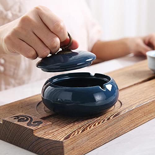 Handmade Ceramic Ashtray with Lids, Exquisite Pattern Ash Holder for Patio Desktop Office Smokers, Ash Tray for Indoor Tabletop Home Office Decor (Dark Blue, M-Size)