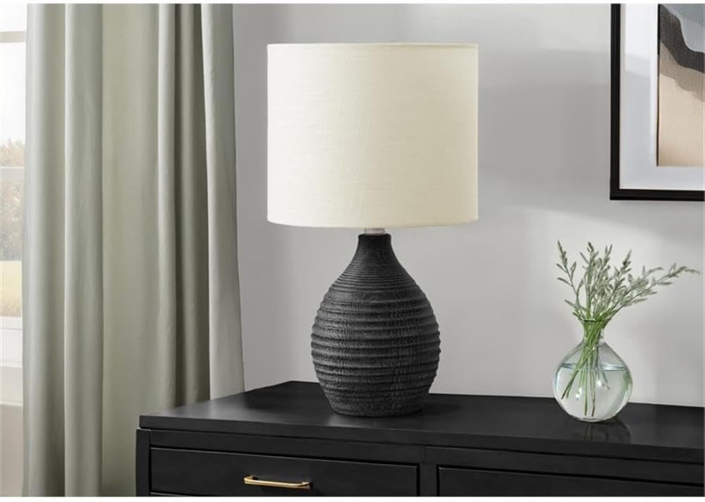 Pemberly Row 17" Dark Gray Resin Table Lamp, Ribbed Stone-Look Base, Ivory Fabric Shade, 9.5" L x 9.5" W x 16.5" H, Contemporary Accent Lighting for Living Room, Bedroom, Nightstand or Side Table