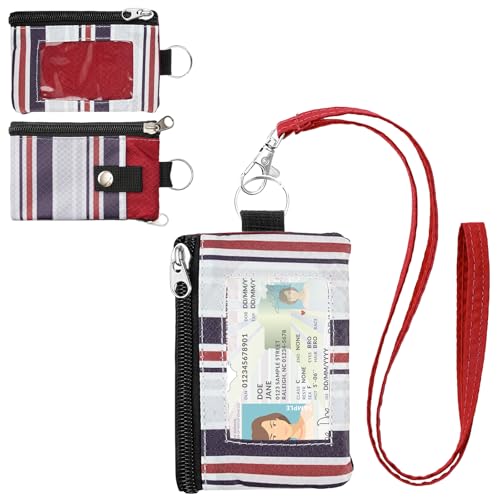 Image of Minimalist RFID Wallet with Lanyard, Multi-functional ID Case with 2 Zipper Pockets and Key Chain for Men and Women, Tactical Badge Pouch Cards Holder, Coin Purse for Travel Sports - Two-Tone