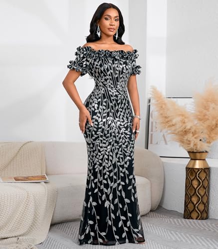 Image of dasmzper Women Sexy Sequin Off Shoulder Ruffle Short Sleeve Bodycon Mermaid Party Formal Evening Maxi Dress