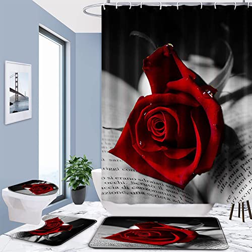 Hankyky Rose Shower Curtain Sets with Non-Slip Rug,Toilet Lid Cover, Black and Red Design Bath Mat Valnetine's Day Wedding Bathroom Decoration Decor Cloth Fabric Bathroom Decor Set with Hooks
