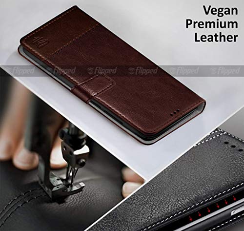 Image of FLIPPED Vegan Leather Flip Case Back Cover for iQOO 9 SE 5G (Flexible, Shock Proof | Hand Stitched Leather Finish | Card Pockets Wallet & Stand | Tan with Brown)
