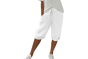 Knee Length Linen Shorts for Women 2024 Bermuda Shorts Drawstring Elastic Waist...