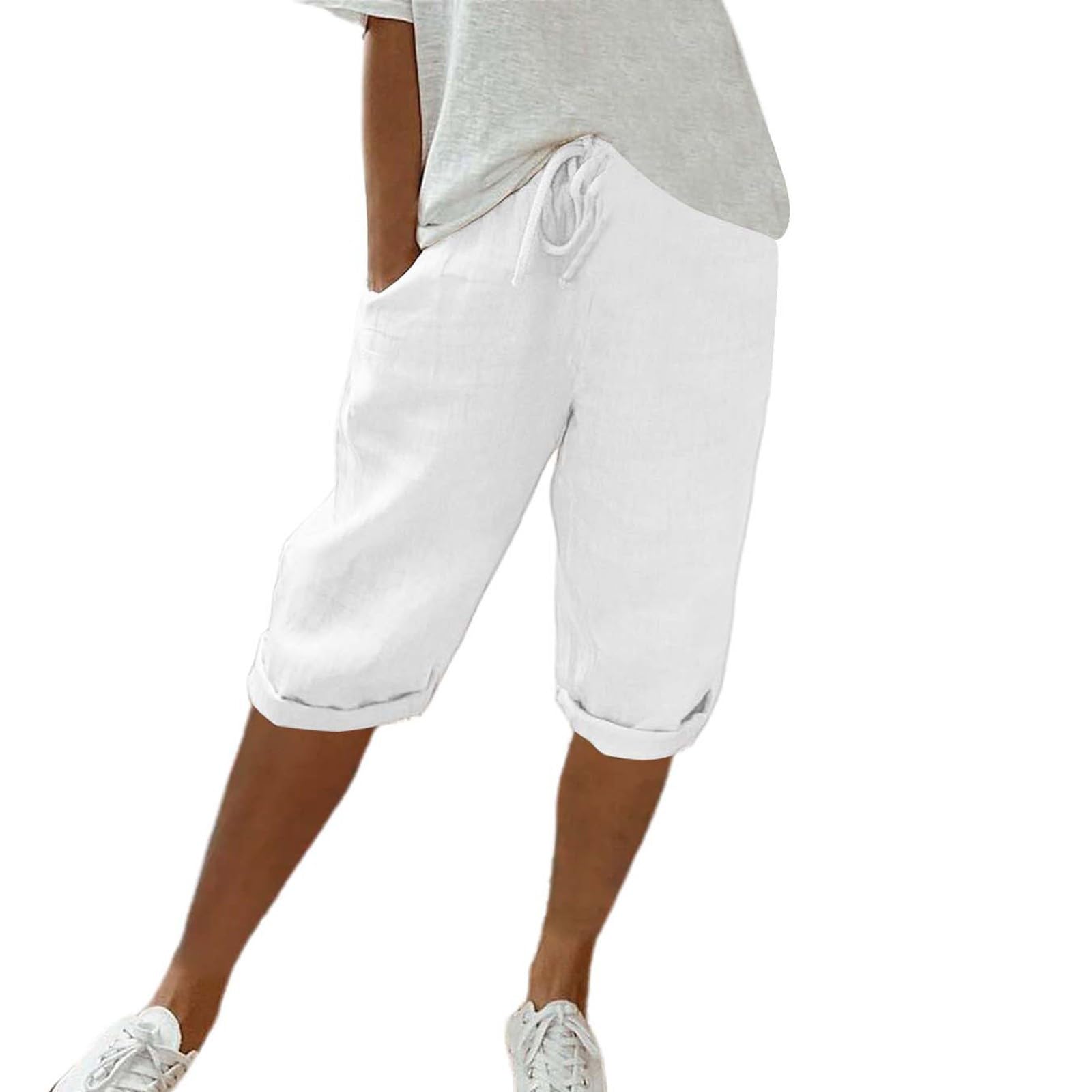 Generisch Bermudas de verano para mujer, hasta la rodilla, pantalones cortos de lino, pantalones largos hasta la rodilla, pantalones cortos para mujer, pantalones cortos ligeros de muselina,