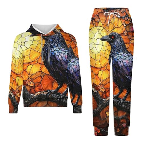 Boys Girls Sweatshirt Pullover Hoodie & Pants Kid Active Sweatsuit Tracksuit, Mysterious Crow Stained Glass Art4