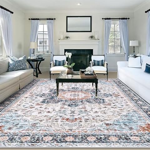 Ileading Bohemian Vintage Area Rug 6x9ft, Machine Washable Low-Pile Accent Carpet, Non-Shedding Non-Slip Living Room Floor Throw Rugs for Bedroom,Dining Room,Kids Playroom,Rv,Office(Navy&Orange) Cover