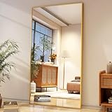 Easly Full Length Mirror with Stand 34'x76' Full Body Mirror Floor Mirror Standing Hanging or Leaning Wall, Wall Mirror with Stand Aluminum Alloy Frame for Living Room Bedroom Cloakroom,Gold