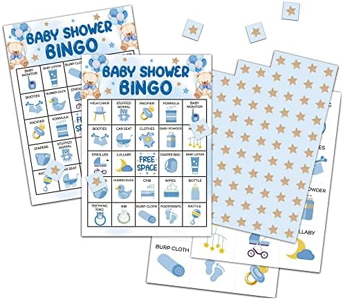 Chuxvon Balloon Bear Bingo Cards, Watercolor Blue Baby Shower Bingo Game for 24 Players, Gender Reveal Party Games, Family Friends Activities, Baby Shower Party Favors Supplies Decorations(B02)