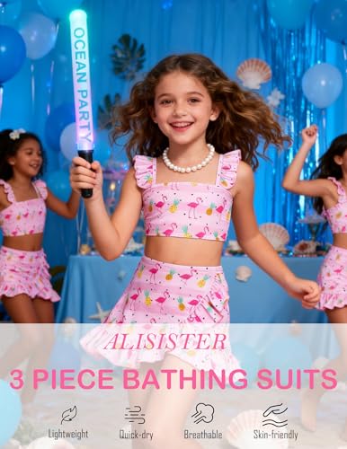 Image of ALISISTER Girls Swimsuit 3 Piece Bathing Suits Summer Bikini Tankini Sets with Cover Up Skirt for 4-12 Years