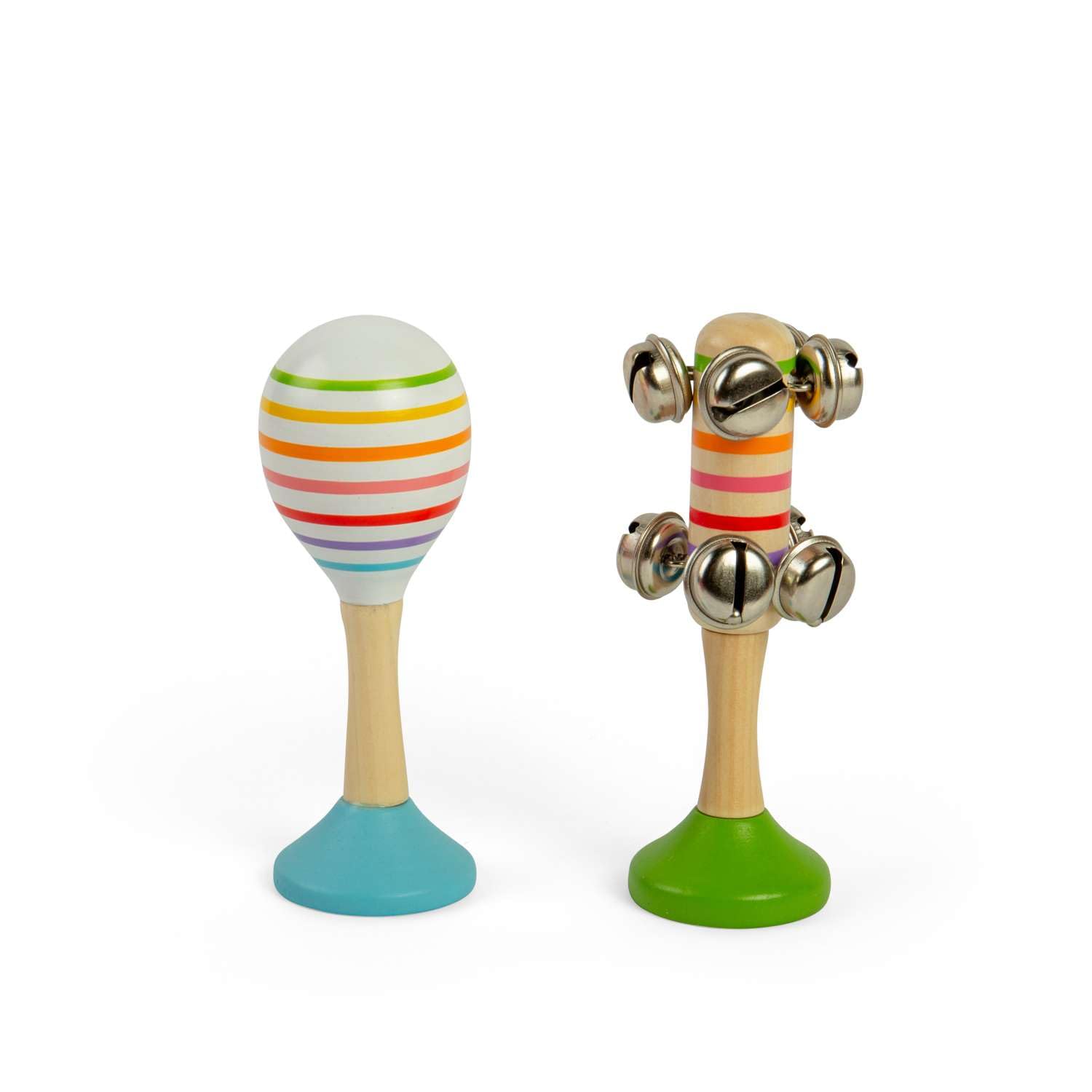 Bigjigs Toys Musical Shaker Set - 2pcs Wooden Rainbow Maraca & Bell Stick, Mini Percussion Instruments For Toddlers, Sensory Play Children’s Gifts, Age 18+ Month Olds