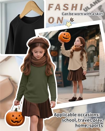 3 Pack Girls Long Sleeve Shirts Kids Crewneck Curve Hem Casual Tops Raglan Sleeve Athletic Comfy Pullover Tees3