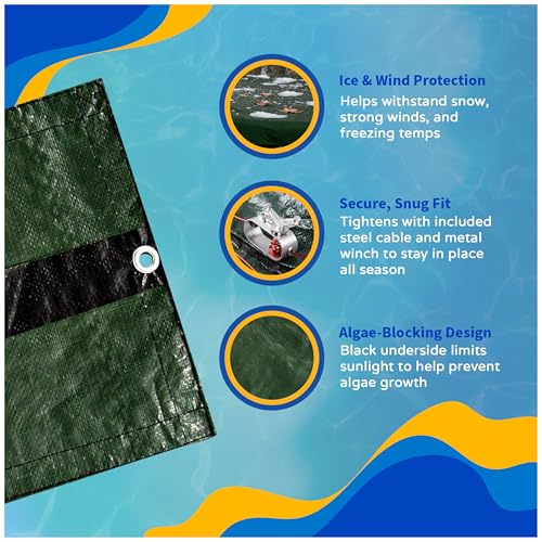 Blue Wave Silver 12-Year 24 ft Round Above Ground Pool Cover for Winter – Durable & Weather-Resistant Polyethylene – 4 ft Overlap, Black Underside, Reinforced Grommets, Winch, Cable – Forest Green