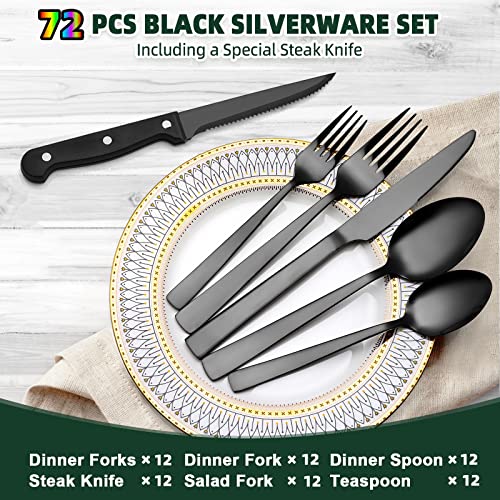 Image of 72 PCS Black Silverware Set with Steak Knives Service for 12, CEKEE Food-Grade Stainless Steel Eating Tableware Sets Including Dinner Forks Spoons Knives, Mirror Polished, Dishwasher Safe | CEKEE Stainless Steel Tableware Cutlery Set, Kitchen Utensils Set for Home & Restaurant, Heavy Duty & Mirror Finished