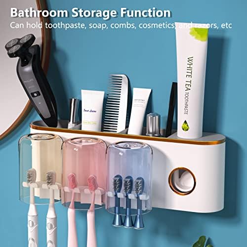 Toothbrush Holders Wall Mounted, DENSAIL Automatic Toothpaste Dispenser with 3 Cups, Electric Toothbrush Holder with Toothpaste Squeezer, 9 Toothbrush Organizer Slots and 3 Bathroom Storage