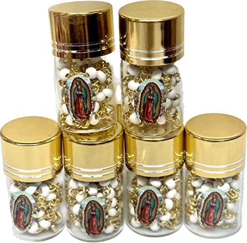 Birsppy OOKI-12pcs Scented Rosary in Glass Jar Bottle Beads Rosary Silver Catholic Crucifix Necklace Virgin Mary lot of 12 (White with Gold)