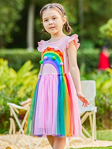 4T Rainbow Dress 5T Flutter Sleeve Pink Tutu Dress For Girls Casual Dresses Back To School Clothes #TOP2
