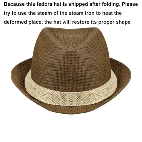 Image of Short Brim Straw Fedora Hat Sun Protection Panama Hat Packable Jazz Beach Cap Roll Up Trilby Cap for Men Women