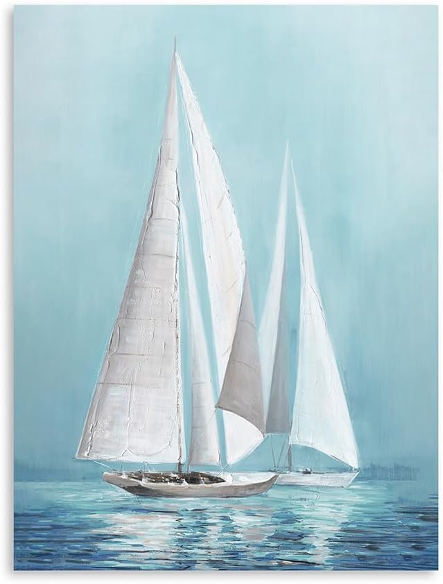 Blue Sailing Boat Canvas Wall Art - Ocean Sailboat Picture Modern Coastal Painting Small Framed Nautical Poster Print for Living Room Bedroom Bathroom Home Office Seascape Wall Decor 30x40 Cm
