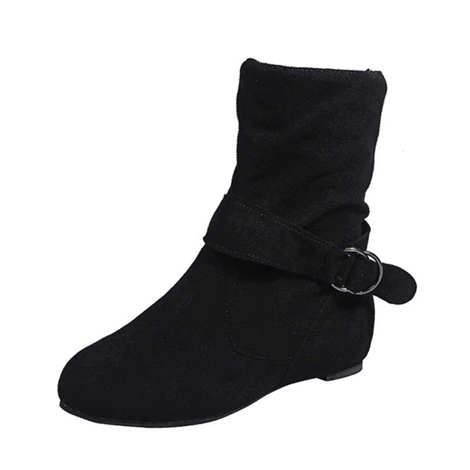 Womens Slouchy Flat Boots Vintage Faux Suede Round Toe Slip On Booties with Ring Buckle Side Zipper Ankle
