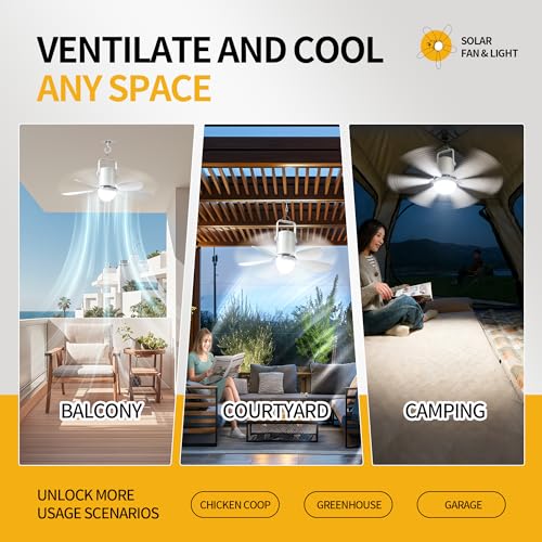 Image of Solar Ceiling Fan with Light, 21600mAh Rechargeable Battery, 23W Foldable Solar Panel, DC Brushless Quiet Fan, 3 Installation Ways, for Gazebo, Patio, Camping Tent, Garage, RV, Emergency Use