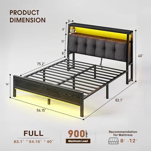 Image of Homkdom Full Bed Frame,Upholstered Storage Headboard,Charging Station,Black | LED Linghts, 12 inch Under-Bed Storage,2AC Outlets&1USB-C&1USB-A,Noise-Free,Quick Assembly,Supports up to 900 lbs