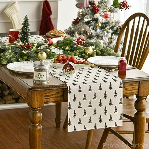 Image of Artoid Mode Beige Xmas Tree 2PCS Christmas Table Runner, Seasonal Winter Kitchen Dining Table Decoration for Home Party Decor 13x72 Inch